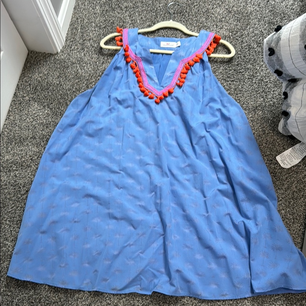 Blue Sleeveless womens Dress with orange tassel Accents - Picture 7 of 7